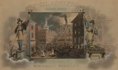 Design för ett certifikat för Philadelphia Association for the Relief of Disabled Firemen av John Rubens Smith
