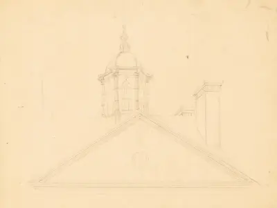 Detaljvy av kupol, pediment och fris på en stor offentlig byggnad i Charleston, South Carolina av John Rubens Smith