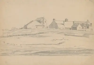 Fabriksområde sett från stranden, möjligen vid Ipswich, Massachusetts av John Rubens Smith