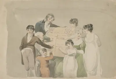 Familiengruppe – Smith, seine Frau und sechs Kinder, die auf Beispiele ihrer Arbeit deuten von John Rubens Smith