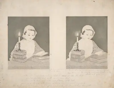 Flicka läsande vid levande ljus på böcker av John Rubens Smith