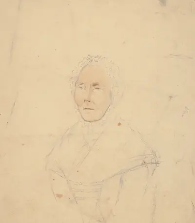 Halvfigurporträtt av äldre kvinna med åtsittande hätta av John Rubens Smith