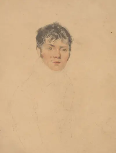 Half portrait of a gentlemen, body outlined in pencil, face in watercolor av John Rubens Smith