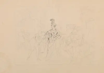 Historisk illustration som visar en hovman som kysser handen på en dam på en slottsgård av John Rubens Smith