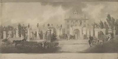 Home of Lord Timothy Dexter, Newburyport, Massachusetts with wooden statues on pillars and passersby enjoying the view av John Rubens Smith