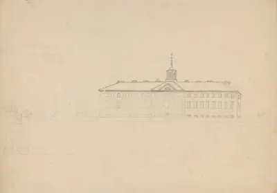 Stor byggnad med kupol bakom hög mur av John Rubens Smith