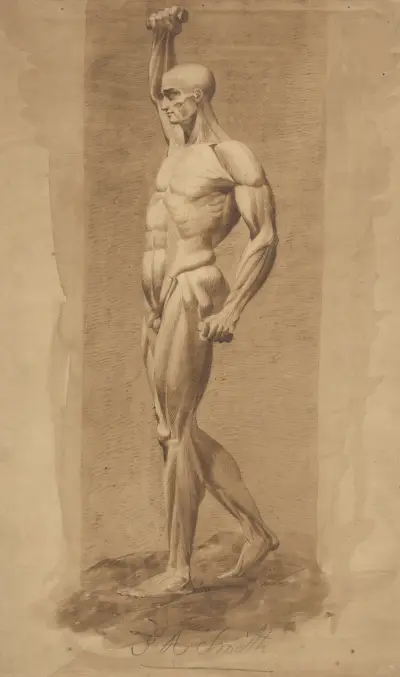 Manlig figur, naken, händer som griper stavar, höger arm upplyft, sedd från sidan av John Rubens Smith