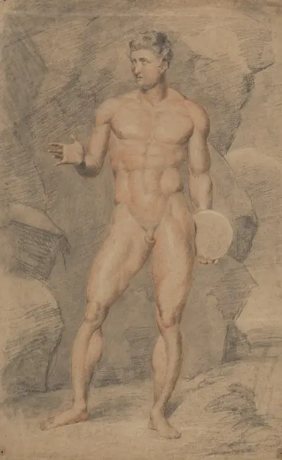 Manlig figur, naken, hållande diskus, höger arm utsträckt, sedd framifrån av John Rubens Smith