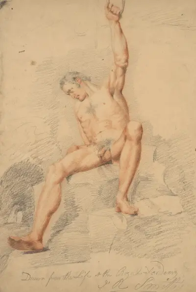 Manlig figur, naken, sittande, vänster arm uppsträckt och greppande ett rep, framifrån av John Rubens Smith