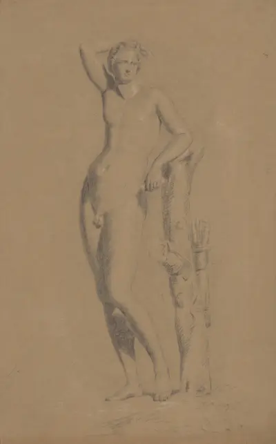 Manlig figur med höjd högerarm, lutad mot trädstam, framifrån av John Rubens Smith