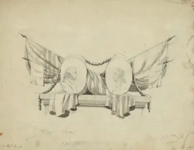 Medaljongporträtt av Washington och Lafayette på sockel draperad med flaggor av John Rubens Smith