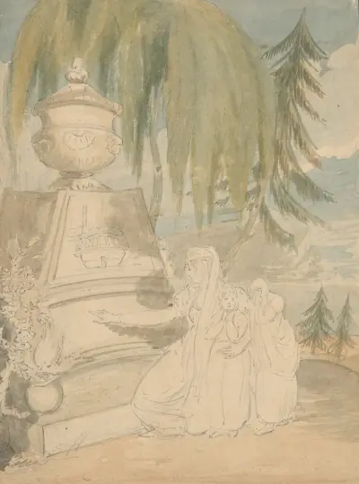 Sorgscen med knäböjande mor och två barn vid monument under cypress- och pinjeträd av John Rubens Smith