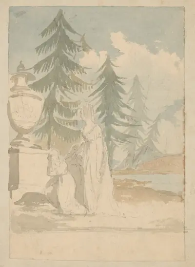 Sorgscen med mor och två barn vid monument nära pinjeträd av John Rubens Smith