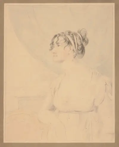 Mrs. J.R. Smith, Elizabeth Pepperell Sanger, inomhus lutad mot en stol av John Rubens Smith