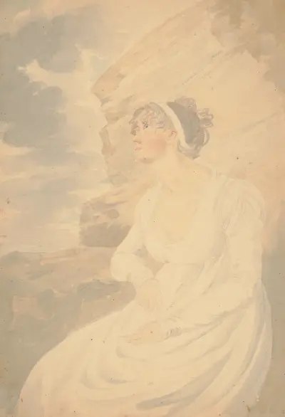 Mrs. J.R. Smith, Elizabeth Pepperell Sanger, sittande på en klippa av John Rubens Smith