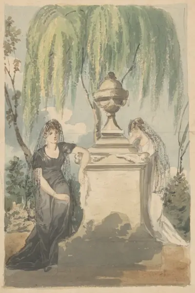 Förstudie till sorgscen: två beslöjade kvinnor sörjer vid ett gravmonument med urna, sälg i bakgrunden av John Rubens Smith