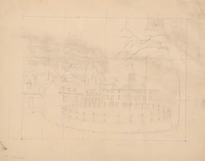 Förberedande skiss, med rutnät, av uppfarten framför Mount Vernon av John Rubens Smith