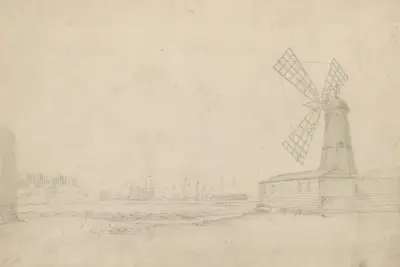 Scen med väderkvarn till höger, Brooklyn Navy Yard till vänster av John Rubens Smith