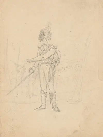 Sketch of a an officer holding sword, wearing sasha and busby av John Rubens Smith