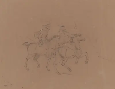 Sketch of cavalry on horseback, seen from the side, horses facing right av John Rubens Smith