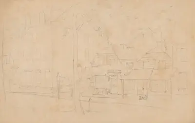 Gatuscen med hus och butiker, inklusive Geo H Cooper & Co grossist av John Rubens Smith