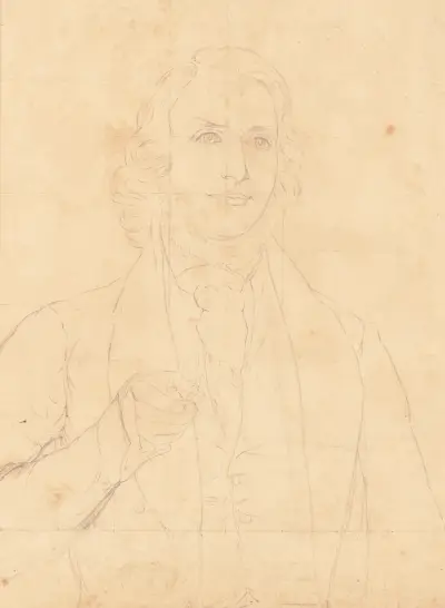 Unidentified half-length portrait of a man with wavy hair and a beard, wearing a cravat, and gesturing forward av John Rubens Smith