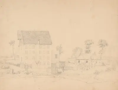 Oidentifierad kvarn och kyrka av John Rubens Smith