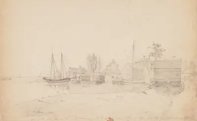 View of the stores at the mouth of the Mill River with the English sloop at anchor taken from the ground Walter Perrys av John Rubens Smith