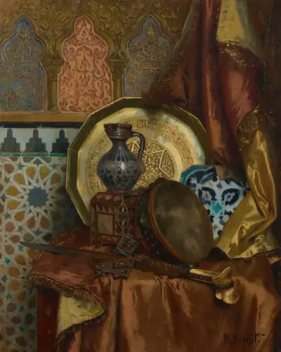 Ein Tamburin, ein Messer, eine türkische Schachtel, ein türkischer Krug, eine marokkanische Fliese und ein Teller auf einem satinbezogenen Tisch von Rudolf Ernst