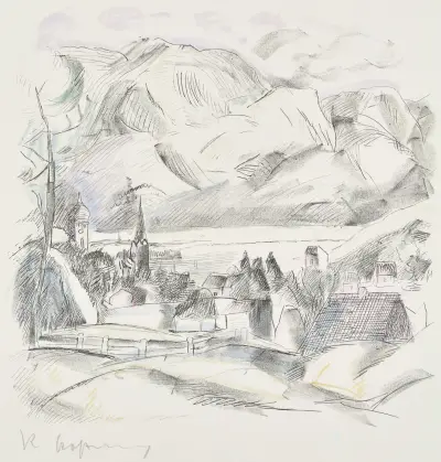Landskap med by vid sjö framför berg av Rudolf Grossmann