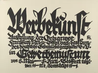 Werbekunst. Ausstellung der Ortsgruppe Frankfurt a.M. und Offenbach des Bundes deutscher Gebrauchsgraphiker e.V. im Gewerbemuseum von 8. Mai – 5. Juni av Rudolf Koch