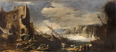 A coastal landscape with shipwrecks and ruins av Salvator Rosa