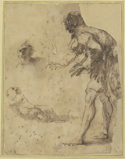 Ein Mann blickt auf ein am Boden liegendes Kleinkind; darüber ein Kopfstudium von Salvator Rosa