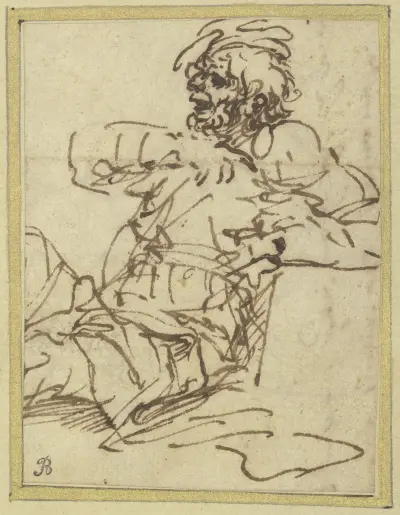 Ein sitzender Mann an einem Block, rechts von Salvator Rosa