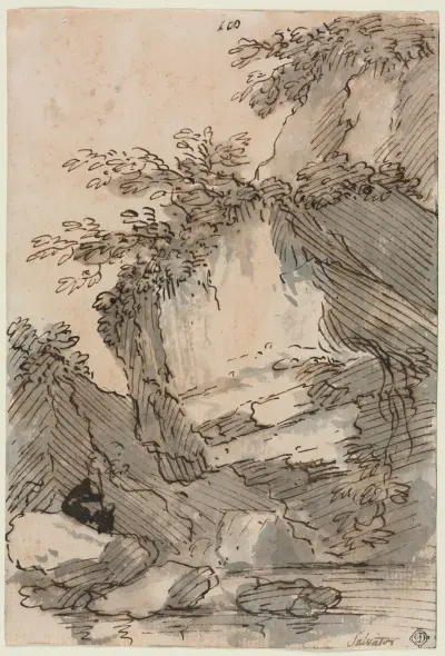 Figuren an einem felsigen Teich von Salvator Rosa
