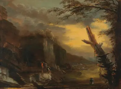 Figures fishing in a rocky coastal landscape av Salvator Rosa