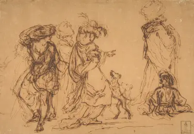 Fünf Figuren in fantasievollen Kostümen mit zwei Hunden von Salvator Rosa