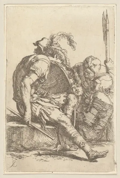 Four Soldiers, One seated on a Stone at the Left av Salvator Rosa
