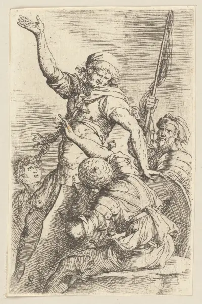 Four Soldiers, One with Flag av Salvator Rosa
