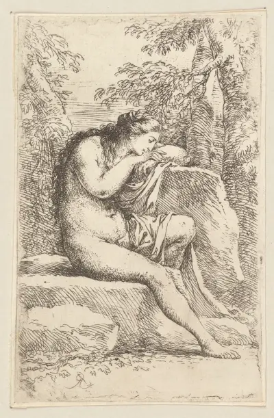 Akt in Betrachtung, auf einem Felsvorsprung sitzend von Salvator Rosa