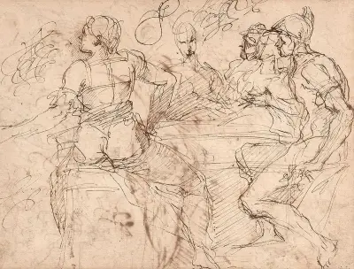 Figuren um einen Tisch von Salvator Rosa