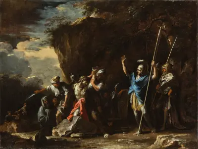 Scene from Greek history; The deaf-mute son of King Croesus prevents the Persians from killing his father av Salvator Rosa