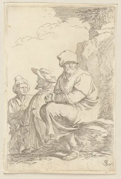 Sitzender Bauer mit zwei anderen Männern von Salvator Rosa