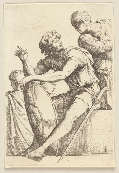 Sitzender Soldat mit Schild und zwei weitere Figuren von Salvator Rosa