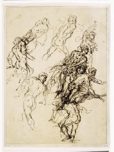 Skizzen männlicher Figuren in Bewegung nach rechts von Salvator Rosa