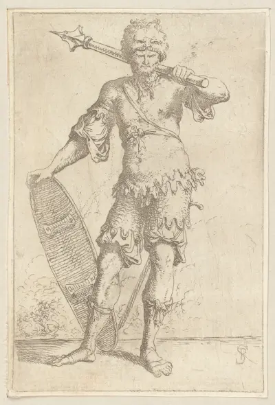 Soldat, frontal, mit Pike auf der Schulter und Schild von Salvator Rosa