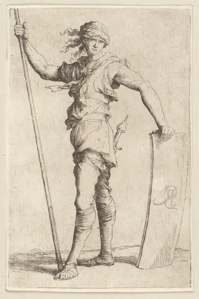 Soldat mit Stock und Schild, nach links gewandt von Salvator Rosa