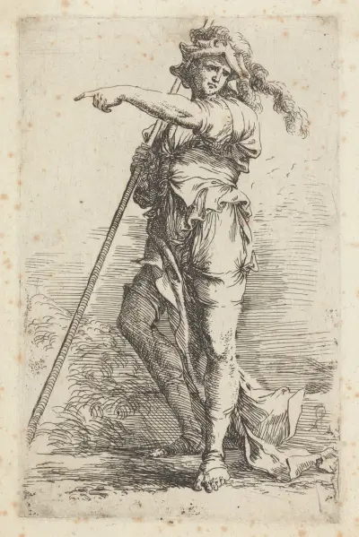 Soldat mit einem Stock in der rechten Hand, nach links deutend 2 von Salvator Rosa
