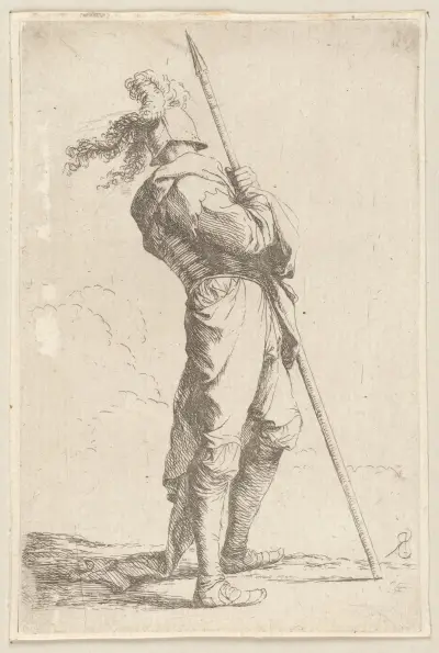 Soldat, der seine Lanze mit beiden Händen hält von Salvator Rosa