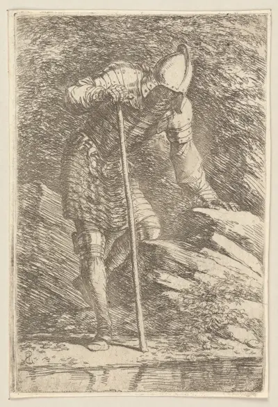Soldat mit Helm und Rüstung an einem Bach von Salvator Rosa